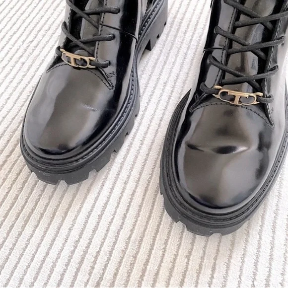 TOD’S LEATHER COMBAT BOOTS GOMMINO LACE UP SIDE ZIP LUXE EDGY GRUNGE Black 40 - Picture 4 of 7